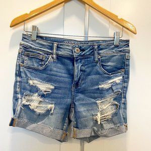 American Eagle Lace Pocket Midi Stretch Denim Shorts NWOT